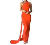 EFOFEI Donne Abito da Festa E da Discoteca Elegante E con La Schiena Scoperta dal Taglio Aderente Lungo con Spallina su Un Solo Lato Maxi Abito Sexy Arancione XXS