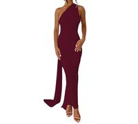EFOFEI Donne Abito Maxi Elegante Senza Maniche con Scollo all'Americana dalla Linea Aderente E con Cinturino sulla Schiena Abito Plissettato Monospalla con Scollo all'Americana Abito Lungo Bordeaux M