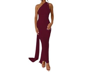 EFOFEI Donne Abito Maxi Elegante Senza Maniche con Scollo all'Americana dalla Linea Aderente E con Cinturino sulla Schiena Abito Plissettato Monospalla con Scollo all'Americana Abito Lungo Bordeaux M