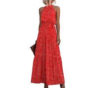 EFOFEI Donne Collo Maxi Abito Pois Floreale Abiti Cocktail Sera Abiti Lungo Cintura Sole Abito Punto Arancia Rosso S