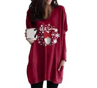 EFOFEI Donne Natale Tasca Camicia Camicetta con Divertente Patchwork Natale Camicia Rosso Scuro 3XL