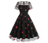 EFOGEP 1950s Abiti da Cocktail per Donne Manica Corta Fragola Ciliegia Stampa Cuore Mesh retrò Sera Vintage Festa di Matrimonio Linea Swing Abito San Valentino Abito Homecoming Nero & Ciliegia L