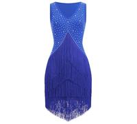 EFOGEP - Abito da donna per salsa latina, stile vintage anni '20, senza maniche, con strass, a strati, con frange, ideale per cocktail, balli da sala, tango, cha-cha, rumba, flapper, camicia, Blu, M