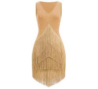 EFOGEP Abito da donna per salsa latina, stile vintage anni '20, senza maniche, con strass a strati, con frange, gatsby, cocktail, ballroom, tangos, ChaCha, rumba, flapper, cami, vestito, gold, L