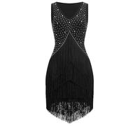 EFOGEP Abito da donna per salsa latina, stile vintage, anni '20, senza maniche, con strass, con frange, gatsby, cocktail, ballroom, tangos cha rumba, Nero , M