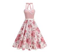 EFOGEP Abito da donna vintage con spalline sottili rockabilly swing, stile anni '50, pinup hepburn, con scollo a V, con stampa floreale, per cocktail, feste, formali, Rosa e fiori, XXL