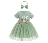 EFOGEP Baby Girl Primo Compleanno Vestito Ricamo Floreale Manica Corta Tutu Abiti Principessa con Bowknot Fascia Set Battesimo Torta Smash Neonato Photoshoot Vestiti, One Green, 12 mesi