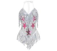 EFOGEP Body sexy da donna con scollo a V e paillettes, per carnevale, rave, danza, feste, discoteca, Halloween, costume, Argento, M