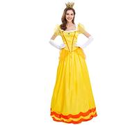 EFOGEP Costume da principessa da donna, con maniche corte a sbuffo, scollo quadrato, per Halloween, Natale, carnevale, cosplay, vestito con guanti e accessori per corona, giallo, taglia L