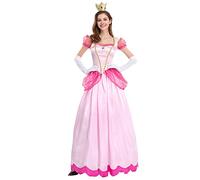 EFOGEP Costume da principessa da donna, con maniche corte a sbuffo, scollo quadrato, per Halloween, Natale, carnevale, cosplay, vestito con guanti e accessori per corona, rosa, S