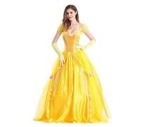 EFOGEP Costume da principessa da donna, costume da principessa, per Halloween, feste, a maniche corte, quadrato, collo, Natale, carnevale, cosplay, vestito con accessori, colore giallo, S