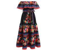 EFOGEP Vestito Messicano Estate Boho Floreale Drape Abito Off Shoulder Tradizionale Cinco De Mayo Fiesta Folklorico Abiti Bohemian Compleanno Festa Lunghi Maxi Abito con Cintura, Nero , 11-12 Anni