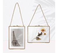 efuturetime 2PCS Doppia Cornice in Vetro da Appendere 13 × 18cm Oro | Rettangolare con Catena in Metallo Retrò per Fiore Secco, Foto, Figura, Biglietto, Certificato