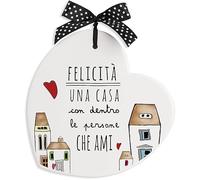 Egan Formella Collezione Pensieri & Parole. Formella in Ceramica di Colore Bianco con Scritta Felicità Una casa con Dentro Persone Che ami. Misure: 14x14 cm. La refernza è 186007