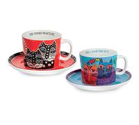 Egan Set 2 Tazze Cappuccino con Piattini Laurel Burch Porcellana Celeste Rosso