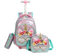 Egchescebo Zaino con Rotelle Bambina Trolley Unicorno Zainetto Asilo Scuola Elementare Primaria 17” 3PCS Borsa Pranzo Portamatite Media Carrello Valigia Ragazza per Valigia da Viaggio Perline Rosa