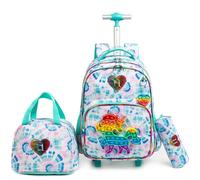 Egchescebo Zaino con Rotelle per Ragazze Carrello Porta Trolley Scuola Primaria Astuccio Bambina Giocattolo di Unicorno Ragazza Ruote Lunch Box 17” 3PCS Borsa da Scuola a Rullo Ragazze Bambini Verde
