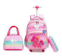 Egchescebo Zaino con Rotelle per Ragazze Carrello Porta Trolley Scuola Primaria Astuccio Bambina Giocattolo di Unicorno Ragazza Ruote Lunch Box 17” Borsa da Scuola a Rullo Ragazze Bambini Rosa Rossa