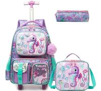 Egchescebo Zaino con Rotelle per Ragazze Carrello Porta Trolley Scuola Primaria Astuccio Bambina Multifunzionale di Ruote Cavalluccio Marino 17” 3PCS Borsa da Scuola a Rullo Ragazza Bambini Viola