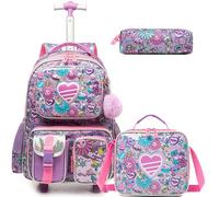 Egchescebo Zaino con Rotelle per Ragazze Carrello Porta Trolley Scuola Primaria Astuccio Bambina Multifunzionale di Amore Ruote Lunch Box 17” 3PCS Borsa da Scuola a Rullo Ragazza Bambini Rosa