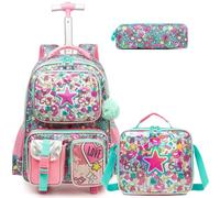 Egchescebo Zaino con Rotelle per Ragazze Carrello Porta Trolley Scuola Primaria Astuccio Bambina Multifunzionale di Stella Ruote Lunch Box 17” 3PCS Borsa da Scuola a Rullo Ragazza Bambini Rosa
