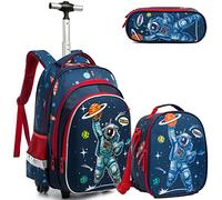 Egchescebo Zaino Trolley Scuola Astronauta dal Guscio Duro Elementare Bambino Ragazzi con Ruote Regoli da Viaggio Carrello Porta per La Bimba Ragazzo Media Asilo Superiori Rotelle 17" 3Pcs Blu