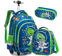 Egchescebo Zaino Trolley Scuola Dinosauri dal Guscio Duro Elementare Bambino Ragazzi con Ruote Regoli da Viaggio Carrello Porta per La Bimba Ragazzo Media Asilo Superiori Rotelle 17" 3Pcs Verde