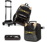 Egchescebo Zaino Trolley Scuola Elementare Bambina Ruote Regoli da Viaggio Carrello Porta per La Bimba Ragazza Rimovibile Gatto di Pelle Seven Media Asilo Bambino Superiori Rotelle 17" 3pcs Nero
