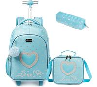 Egchescebo Zaino Trolley Scuola Elementare Cordata Bambina con Ruote Regoli da Viaggio Carrello Porta per La Bimba Ragazza Seven Media Asilo Bambino Stitch Superiori Ragazza Rotelle 17" 3pcs Blu