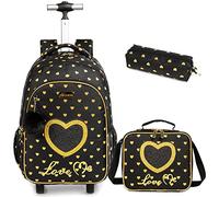Egchescebo Zaino Trolley Scuola Elementare Cordata Bambina con Ruote Regoli da Viaggio Carrello Porta per La Bimba Ragazza Seven Media Asilo Bambino Stitch Superiori Ragazza Rotelle 17" 3pcs Nero