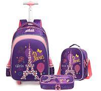Egchescebo Zaino Trolley Scuola Elementare Crostaceo con Cuore Bambina Ruote Regoli da Viaggio Carrello Porta per La Bimba Ragazza Seven Media Asilo Bambino Superiori Ragazza Rotelle 17" 3pcs Viola