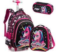 Egchescebo Zaino Trolley Scuola Elementare Crostaceo con Unicorno Bambina Ruote Regoli da Viaggio Carrello Porta per La Bimba Ragazza Seven Media Asilo Bambino Superiori Ragazza Rotelle 17" 3pcs Nero