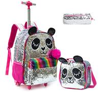 Egchescebo Zaino Trolley Scuola Elementare Panda con Perline Bambina Ruote Regoli da Viaggio Carrello Porta per Bimba Ragazza Seven Media Asilo Bambino Superiori Ragazza Rotelle 17" 3pcs Argento Rosso