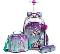 Egchescebo Zaino Trolley Scuola Elementare Sirena di Perline Bambina Ruote Regoli da Viaggio Carrello Porta per La Bimba Ragazza Seven Media Asilo Bambino Superiori Ragazza Rotelle 17" 3pcs Viola