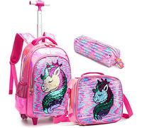 Egchescebo Zaino Trolley Scuola Elementare Unicorno con Perline Bambina Ruote Regoli da Viaggio Carrello Porta per La Bimba Ragazza Seven Media Asilo Bambino Superiori Ragazza Rotelle 17" 3pcs Rosso