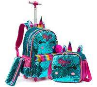 Egchescebo Zaino Trolley Scuola Elementare Unicorno con Perline Bambina Ruote Regoli da Viaggio Carrello Porta per La Bimba Ragazza Seven Media Asilo Bambino Superiori Ragazza Rotelle 17" 3pcs Verde