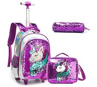 Egchescebo Zaino Trolley Scuola Elementare Unicorno con Perline Bambina Ruote Regoli da Viaggio Carrello Porta per La Bimba Ragazza Seven Media Asilo Bambino Superiori Ragazza Rotelle 17" 3pcs Viola