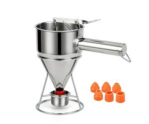 eGenuss Imbuto cucina dosatore per pastella e impasti imbuto per frittelle strauben dosatore pancake 1220ml con manico rimovibile - Acciaio Inox 18/8 - inclusi 7 beccucci, 1 piedistallo e 1 custodia