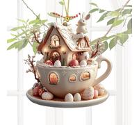 Egg Ornament - Coffee Cup House, Cute Decorative Charm | Flat Acrylic Two Dimensional Holiday Interior Decoration, Festive Seasonal Car Rearview Mirror Hanging Supply For Spring Festival Style