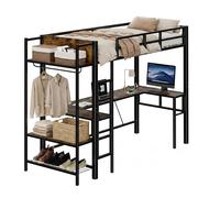 EGGREE Letto a Soppalco 90x200 cm con Scrivania a L, Presa e USB, Letto in Metallo con Appendiabiti, Scarpiera e Ripiani, Letto Salvaspazio per Cameretta, Nero
