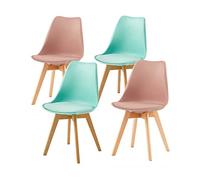 EGGREE Set di 4 Sedie da Sala da Pranzo con Gambe in Faggio massiccio Schienale in Plastica e Cuscino in PU Sedie da Cucina Ufficio con Design Moderno e Scandinavo, 2 Verde Menta + 2 Rosa Fumé