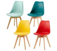 EGGREE Set di 4 Sedie da Sala da Pranzo con Gambe in Faggio Massiccio Schienale in Plastica e Cuscino in PU Sedie da Cucina Ufficio con Design Moderno e Scandinavo, Giallo+Rosso+Verde Ment Turchese