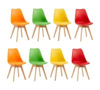 EGGREE Set di 8 Sedie da Sala da Pranzo con Gambe in Faggio Massiccio Schienale in Plastica e Cuscino in PU Sedie da Cucina Ufficio con Design Moderno e Scandinavo,2Giallo+2Rosso+2Verde+2Arancio