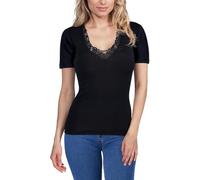 EGI Camiciola Donna Mezza Manica 85% Lana e 15% Seta Pizzo macramè Bordo in Raso Articolo 146, Nero - Black, 5 - Quinta