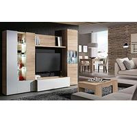 EGLEMTEK Parete Attrezzata Mobel Mobile Soggiorno TV con Mensola Illuminazione LED Salotto Legno Base Televisione Sala da Pranzo Design Moderno 260 x 185 x 42 cm Colore Bianco Lucido e Rovere
