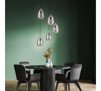 Eglo lampada a sospensione Alobrase, luce a sospensione a grappolo con 5 luci per sala da pranzo, metallo cromato vetro fumo nero-trasparente, attacco E27, Ø 54 cm