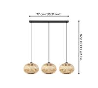 Eglo Amsfield 1 - Lampada a sospensione a 3 luci, da appendere sopra il tavolo da pranzo, con attacco E27, L 96 cm, in metallo nero e bambù marrone