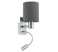 Eglo Applique da parete Pasteri, lampada da lettura LED per camera, montaggio a muro in metallo argento e tessuto antracite marrone, portalampada E27