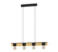 EGLO Bailrigg FSC100HB - Lampada a sospensione a 4 luci, da appendere sopra il tavolo da pranzo, con attacco E27, L 90 cm, in metallo nero e legno naturale
