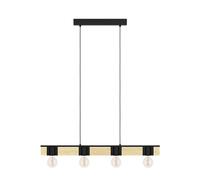 EGLO Bailrigg FSC100HB - Lampada a sospensione a 4 luci, da appendere sopra il tavolo da pranzo, con attacco E27, L 90 cm, in metallo nero e legno naturale
